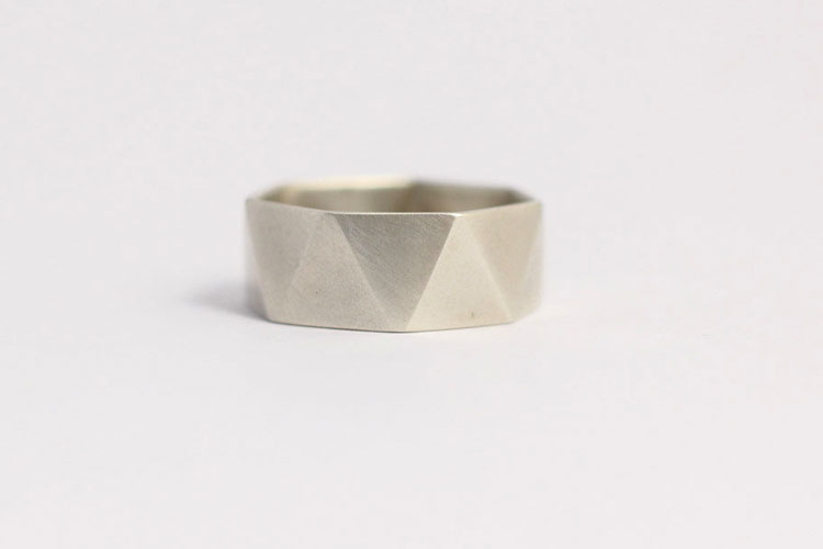 Modern Geometric Faceted Men's Wedding Ring in Matt White Gold by Ash Hilton