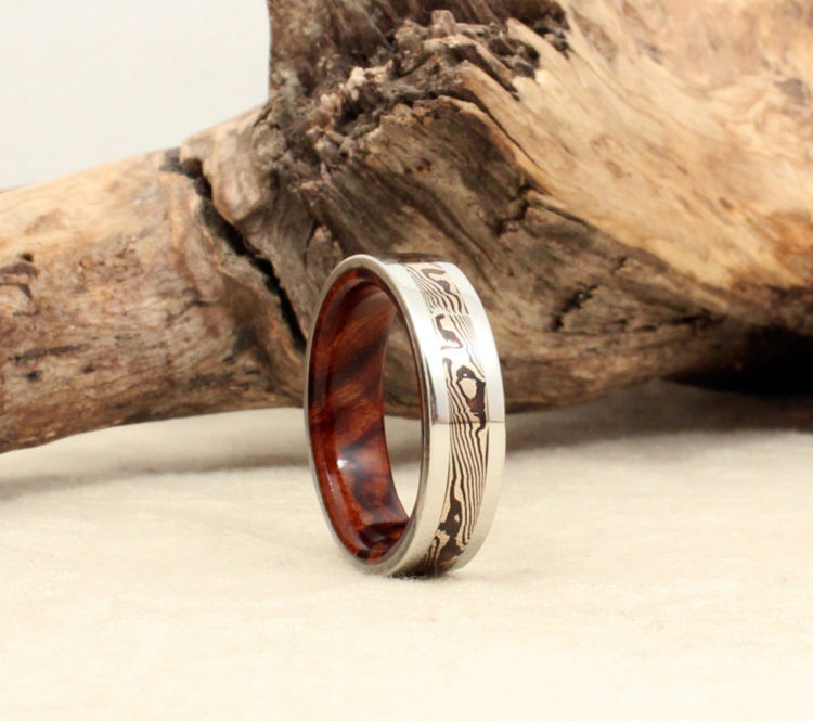 Cobalt Mokume-gane & Ironwood Burl Wooden Men's Ring by Wedgewood Rings