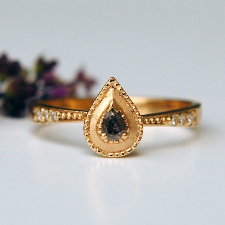 Pear-shaped grey diamond and gold ring by Abhika Jewels [buy]