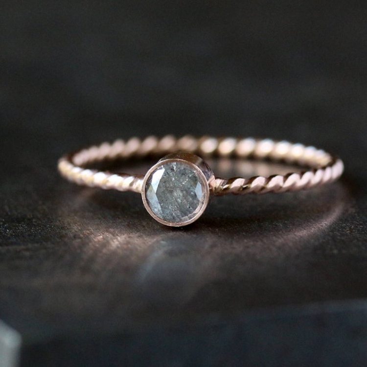 Natural grey diamond ring with rose gold twist band by Clementine [buy]