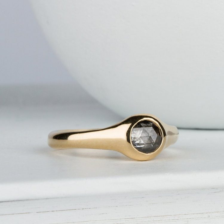 Modern salt and pepper diamond ring with gold band by Corey Egan [buy]