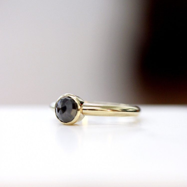 Minimal, handmade,  rose cut, grey diamond engagement ring with yellow gold band by Down To The Wire [buy]