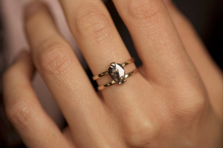 Double band, rustic salt and pepper diamond engagement ring on gold band by Emeraki [buy]