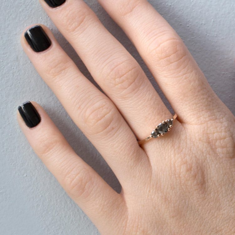 Minimal, handmade grey diamond engagment ring on gold band by Hot Crown [buy]