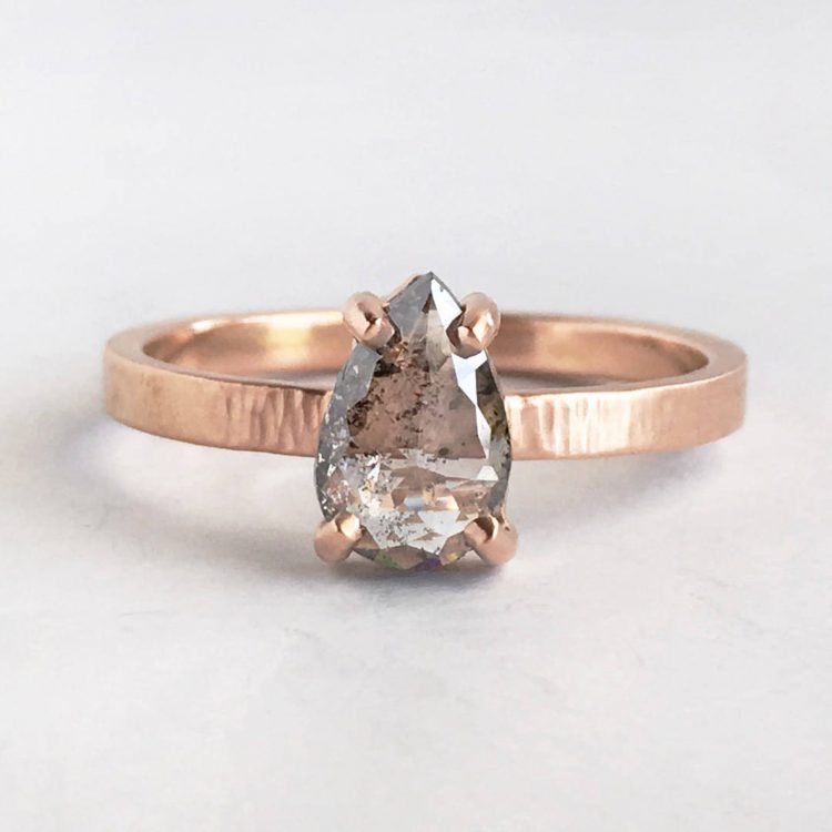 Modern, pear shaped, conflict-free, salt and pepper diamond ring on recycled gold  band by Meander Works / Marilyn Brogan [buy]