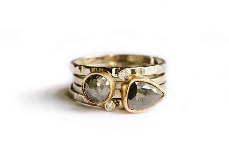 Gray diamond stacking rings on hammered recycled gold bands by Melissa Tyson [buy]