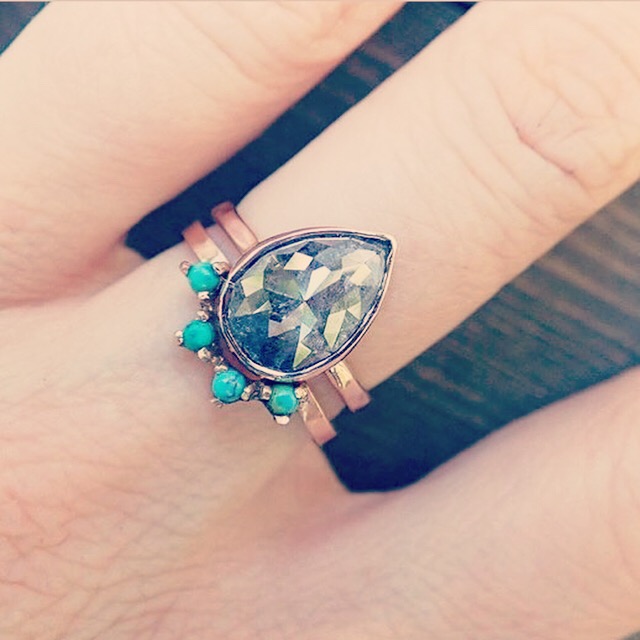 Stacking grey diamond engagement ring with turquoise and gold  wedding , by Moss N Stone [buy]