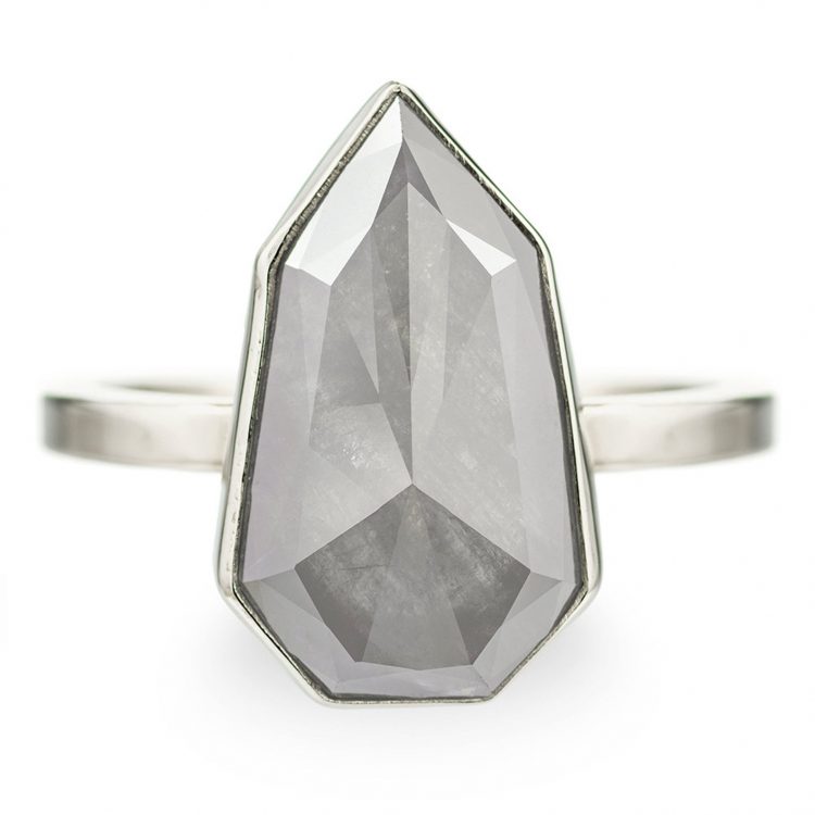 Modern, geometric grey diamond ring on white gold band by Point No Point Studio [buy]