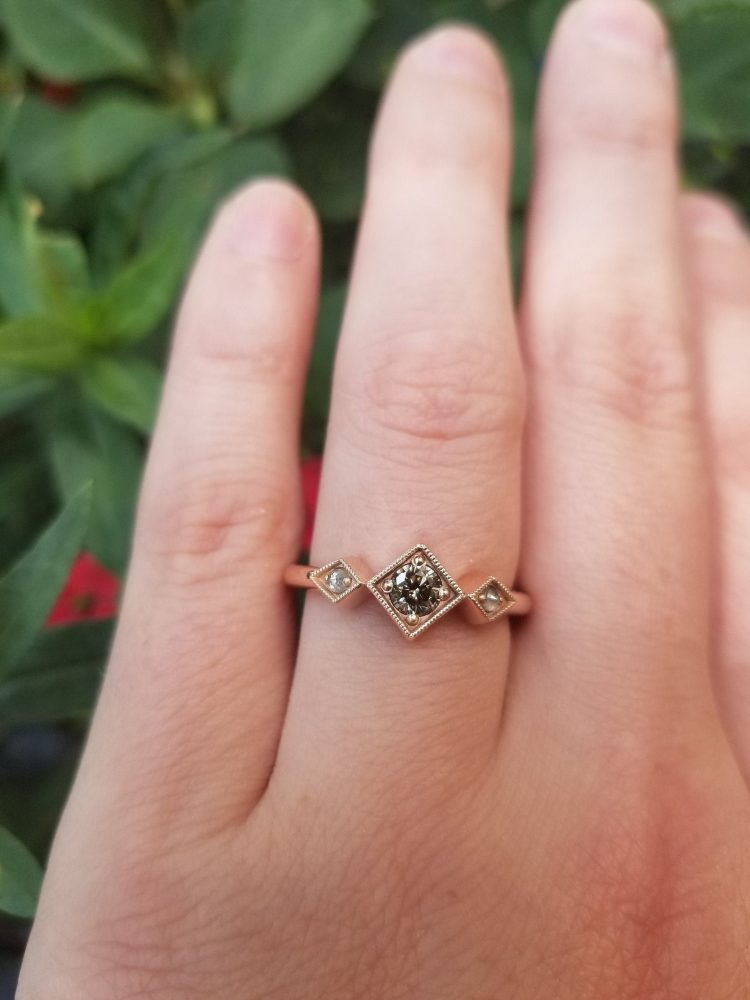 Art Deco style grey diamond engagement ring on rose gold band [buy]