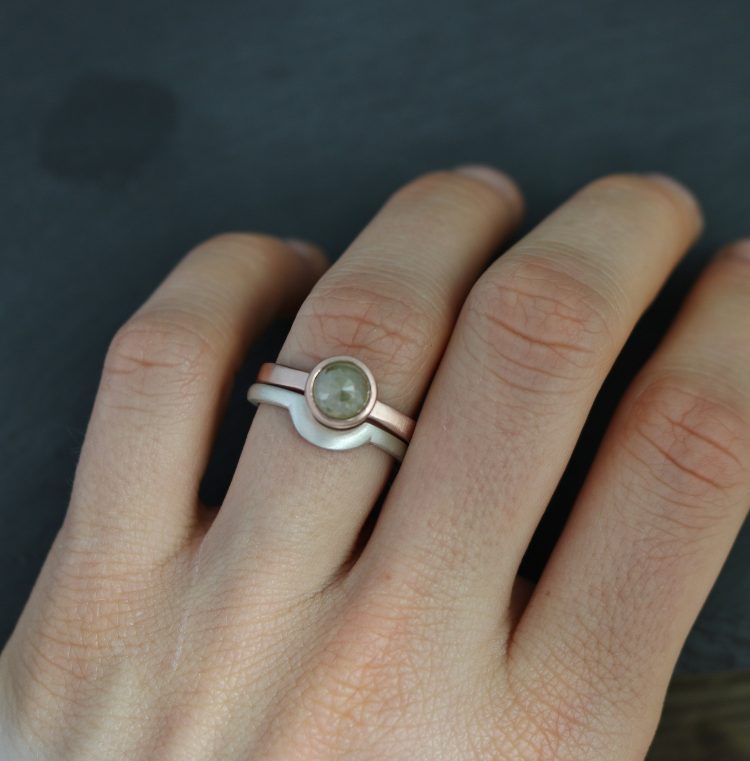 Modern, rose cut grey diamond ring on rose gold band, shown with matching white gold wedding band by Theresa Pytell [buy]