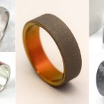 Men's Modern Wedding Rings / Bands in unique materials such as carbon fiber (black), whiskey barrel wood, antler horn, meteorite, and even recycled shotgun metal