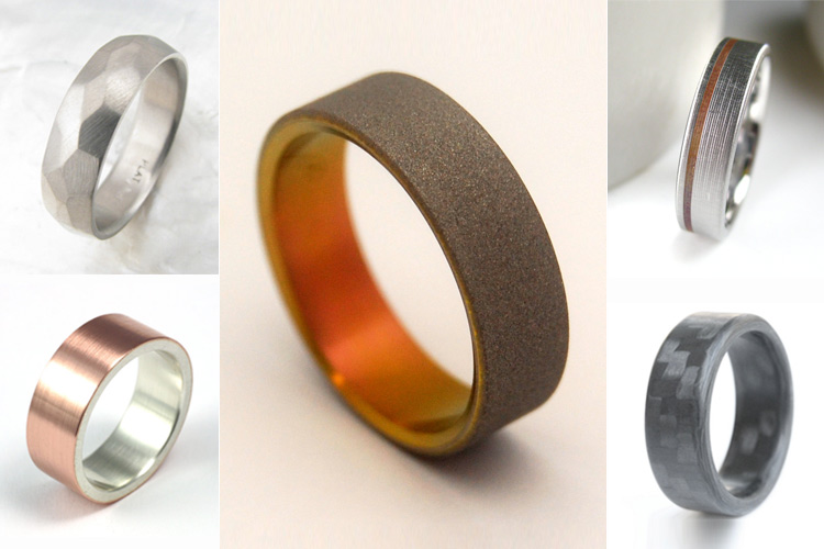 Men's Modern Wedding Rings / Bands in unique materials such as carbon fiber (black), whiskey barrel wood, antler horn, meteorite, and even recycled shotgun metal